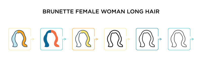 Brunette female woman long hair vector icon in 6 different modern styles. Black, two colored brunette female woman long hair icons designed in filled, outline, line and stroke style. Vector