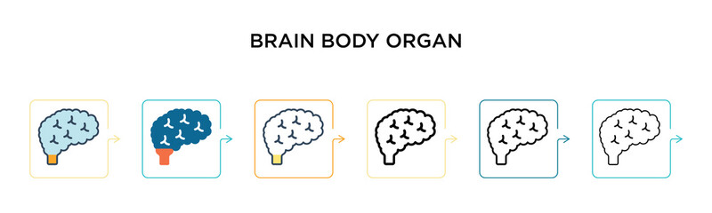Brain body organ vector icon in 6 different modern styles. Black, two colored brain body organ icons designed in filled, outline, line and stroke style. Vector illustration can be used for web,