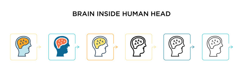 Brain inside human head vector icon in 6 different modern styles. Black, two colored brain inside human head icons designed in filled, outline, line and stroke style. Vector illustration can be used
