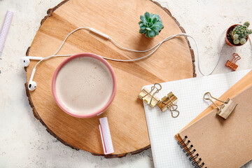 Flat lay composition with cup of coffee on white background