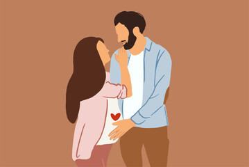 Portrait of a lovely couple hugging together on the background, man touching pregnant women's belly. Vector illustration in flat style