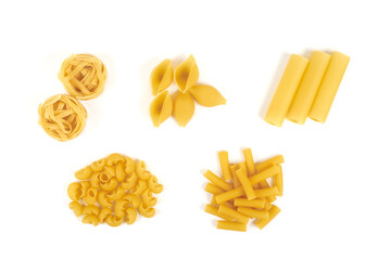 Collection of italian pasta portion isolated on white background.