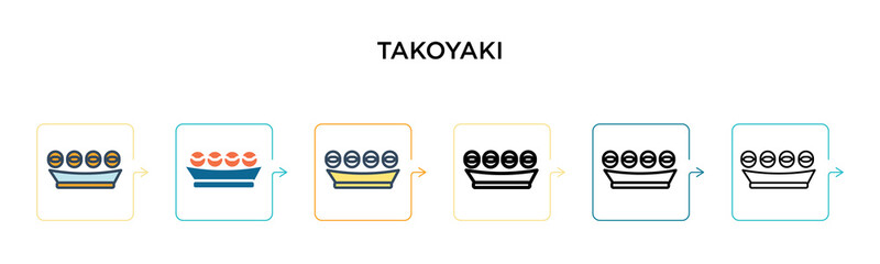 Takoyaki vector icon in 6 different modern styles. Black, two colored takoyaki icons designed in filled, outline, line and stroke style. Vector illustration can be used for web, mobile, ui