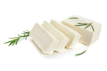 Tasty feta cheese with herbs on white background