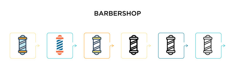 Barbershop vector icon in 6 different modern styles. Black, two colored barbershop icons designed in filled, outline, line and stroke style. Vector illustration can be used for web, mobile, ui