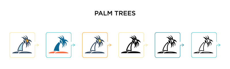 Palm trees vector icon in 6 different modern styles. Black, two colored palm trees icons designed in filled, outline, line and stroke style. Vector illustration can be used for web, mobile, ui