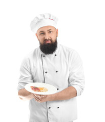 Handsome male chef on white background