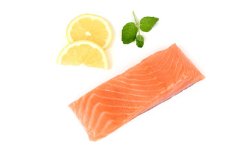 Fresh salmon fillet on the white background.