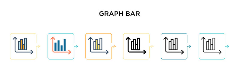 Graph bar vector icon in 6 different modern styles. Black, two colored graph bar icons designed in filled, outline, line and stroke style. Vector illustration can be used for web, mobile, ui