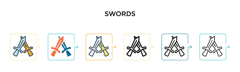 Swords vector icon in 6 different modern styles. Black, two colored swords icons designed in filled, outline, line and stroke style. Vector illustration can be used for web, mobile, ui