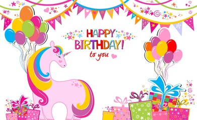 Happy Birthday to you! Greeting card. Celebration white background with pink unicorn, Balloons, colorful flags, gift box and place for your text. Horizontal card format for web banner or header.  
