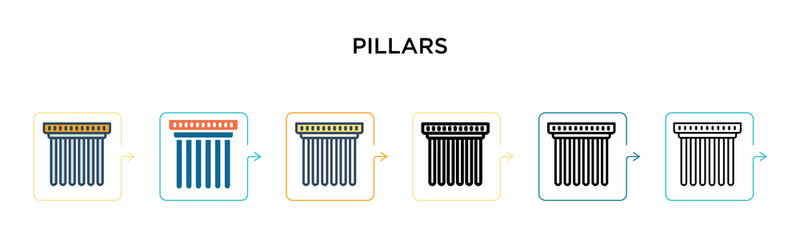 Pillars vector icon in 6 different modern styles. Black, two colored pillars icons designed in filled, outline, line and stroke style. Vector illustration can be used for web, mobile, ui