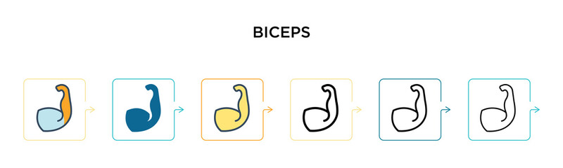 Biceps vector icon in 6 different modern styles. Black, two colored biceps icons designed in filled, outline, line and stroke style. Vector illustration can be used for web, mobile, ui