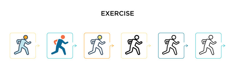 Exercise vector icon in 6 different modern styles. Black, two colored exercise icons designed in filled, outline, line and stroke style. Vector illustration can be used for web, mobile, ui