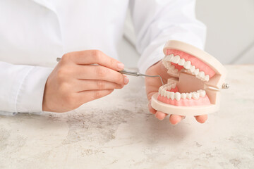 Female dentist with model of jaw and tool, closeup