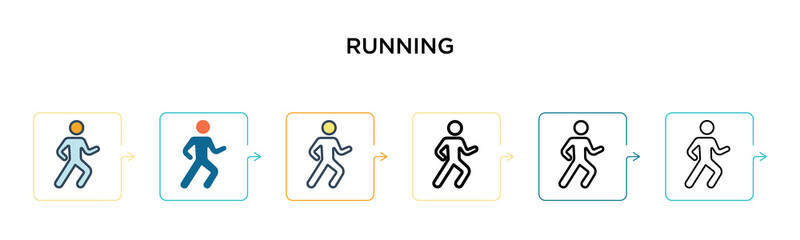 Running vector icon in 6 different modern styles. Black, two colored running icons designed in filled, outline, line and stroke style. Vector illustration can be used for web, mobile, ui