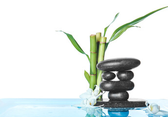 Fototapeta na wymiar Spa stones, bamboo and flowers in water against white background