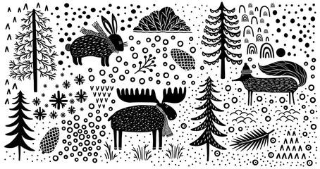 Materiał do szycia Element set nature forest wildlife Canada.Animal fox,hare,elk.Season winter park.