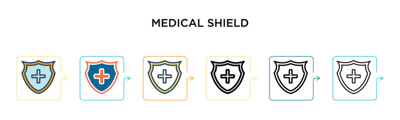 Medical shield vector icon in 6 different modern styles. Black, two colored medical shield icons designed in filled, outline, line and stroke style. Vector illustration can be used for web, mobile, ui