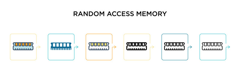 Random access memory vector icon in 6 different modern styles. Black, two colored random access memory icons designed in filled, outline, line and stroke style. Vector illustration can be used for