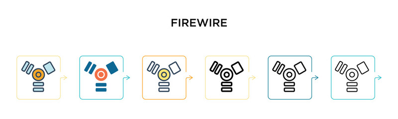 Firewire vector icon in 6 different modern styles. Black, two colored firewire icons designed in filled, outline, line and stroke style. Vector illustration can be used for web, mobile, ui