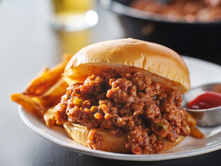sloppy joe sandwich on plate with french fries and ketchup