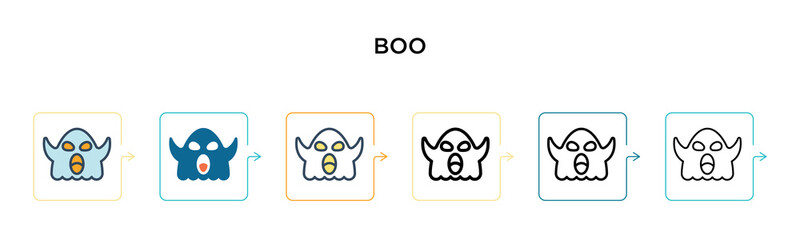 Boo vector icon in 6 different modern styles. Black, two colored boo icons designed in filled, outline, line and stroke style. Vector illustration can be used for web, mobile, ui