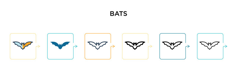 Bats vector icon in 6 different modern styles. Black, two colored bats icons designed in filled, outline, line and stroke style. Vector illustration can be used for web, mobile, ui