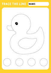 little duck. Preschool worksheet for practicing fine motor skills - tracing dashed lines. Tracing Worksheet. Illustration and vector outline - A4 paper ready to print.