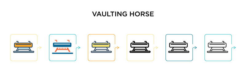 Vaulting horse vector icon in 6 different modern styles. Black, two colored vaulting horse icons designed in filled, outline, line and stroke style. Vector illustration can be used for web, mobile, ui