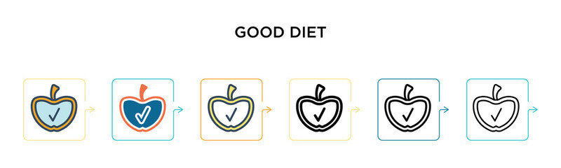 Good diet vector icon in 6 different modern styles. Black, two colored good diet icons designed in filled, outline, line and stroke style. Vector illustration can be used for web, mobile, ui