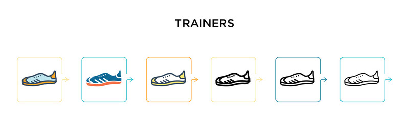 Trainers vector icon in 6 different modern styles. Black, two colored trainers icons designed in filled, outline, line and stroke style. Vector illustration can be used for web, mobile, ui