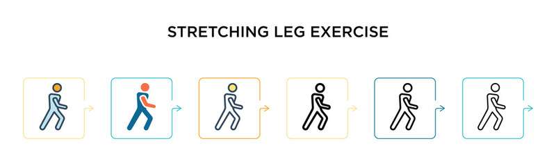 Stretching leg exercise vector icon in 6 different modern styles. Black, two colored stretching leg exercise icons designed in filled, outline, line and stroke style. Vector illustration can be used