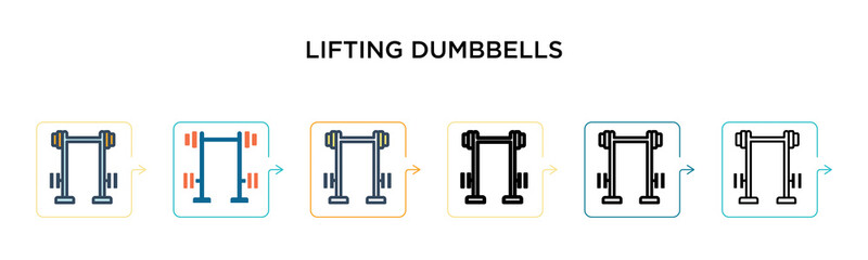 Lifting dumbbells vector icon in 6 different modern styles. Black, two colored lifting dumbbells icons designed in filled, outline, line and stroke style. Vector illustration can be used for web,