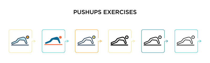Pushups exercises vector icon in 6 different modern styles. Black, two colored pushups exercises icons designed in filled, outline, line and stroke style. Vector illustration can be used for web,
