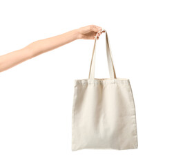 Female hand with eco bag on white background