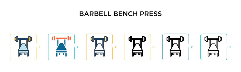 Barbell bench press vector icon in 6 different modern styles. Black, two colored barbell bench press icons designed in filled, outline, line and stroke style. Vector illustration can be used for web,