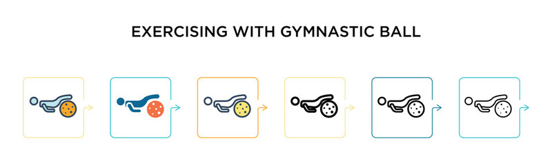 Exercising with gymnastic ball vector icon in 6 different modern styles. Black, two colored exercising with gymnastic ball icons designed in filled, outline, line and stroke style. Vector illustration