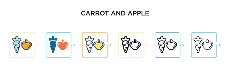 Carrot and apple vector icon in 6 different modern styles. Black, two colored carrot and apple icons designed in filled, outline, line and stroke style. Vector illustration can be used for web,