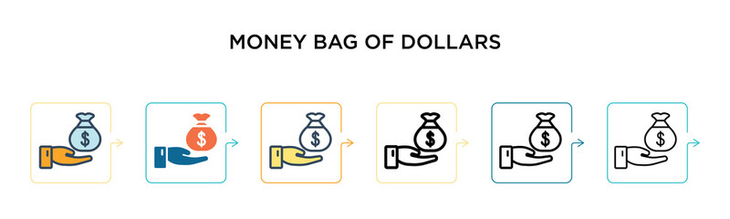 Money bag of dollars vector icon in 6 different modern styles. Black, two colored money bag of dollars icons designed in filled, outline, line and stroke style. Vector illustration can be used for