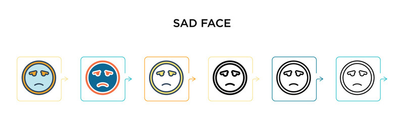 Sad face vector icon in 6 different modern styles. Black, two colored sad face icons designed in filled, outline, line and stroke style. Vector illustration can be used for web, mobile, ui
