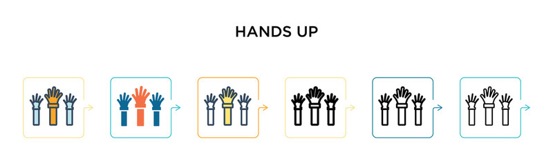 Hands up vector icon in 6 different modern styles. Black, two colored hands up icons designed in filled, outline, line and stroke style. Vector illustration can be used for web, mobile, ui