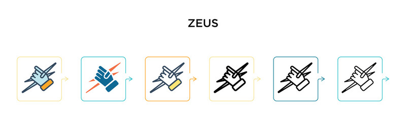 Zeus vector icon in 6 different modern styles. Black, two colored zeus icons designed in filled, outline, line and stroke style. Vector illustration can be used for web, mobile, ui
