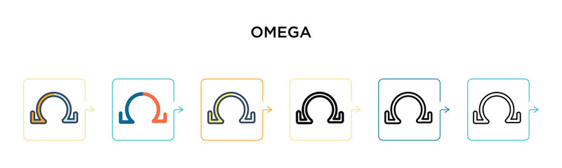 Omega vector icon in 6 different modern styles. Black, two colored omega icons designed in filled, outline, line and stroke style. Vector illustration can be used for web, mobile, ui