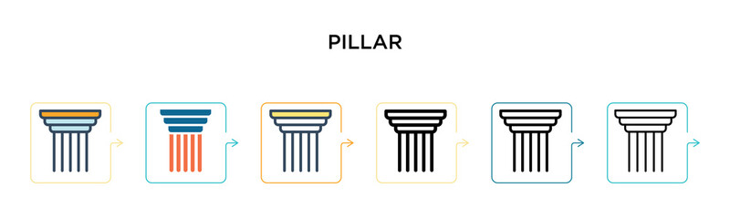 Pillar vector icon in 6 different modern styles. Black, two colored pillar icons designed in filled, outline, line and stroke style. Vector illustration can be used for web, mobile, ui