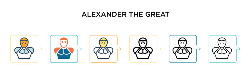 Alexander the great vector icon in 6 different modern styles. Black, two colored alexander the great icons designed in filled, outline, line and stroke style. Vector illustration can be used for web,