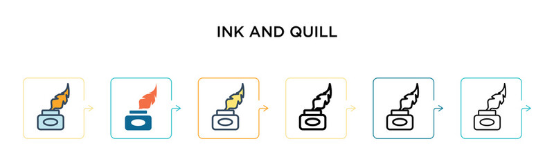 Ink and quill vector icon in 6 different modern styles. Black, two colored ink and quill icons designed in filled, outline, line and stroke style. Vector illustration can be used for web, mobile, ui