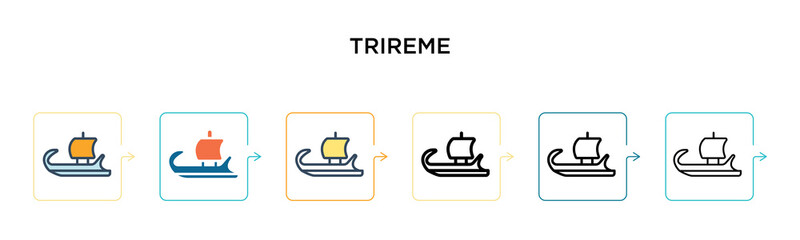 Trireme vector icon in 6 different modern styles. Black, two colored trireme icons designed in filled, outline, line and stroke style. Vector illustration can be used for web, mobile, ui