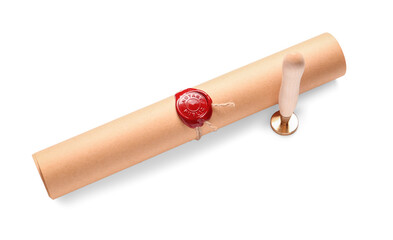 Scroll with wax seal stamp of notary public on white background