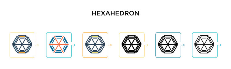 Hexahedron vector icon in 6 different modern styles. Black, two colored hexahedron icons designed in filled, outline, line and stroke style. Vector illustration can be used for web, mobile, ui